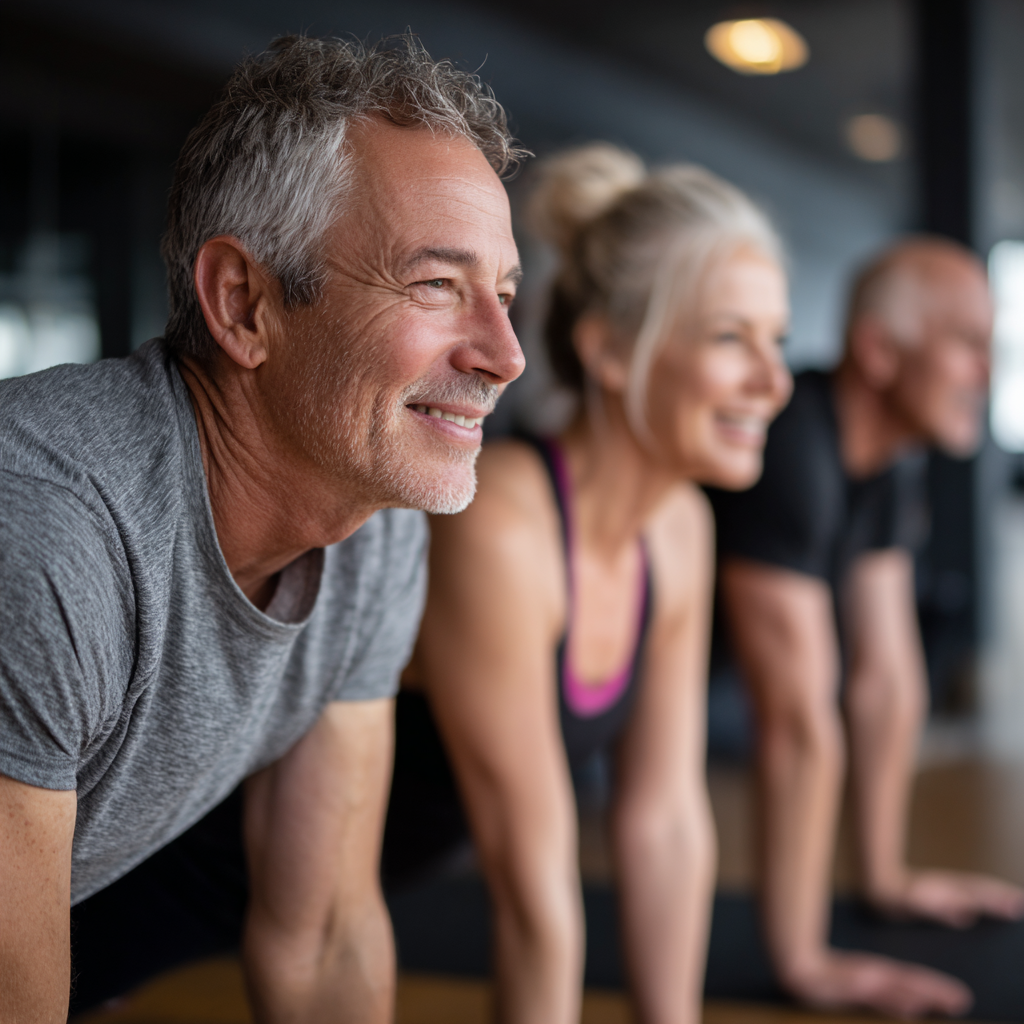 Mature adults exercising together in bright fitness studio