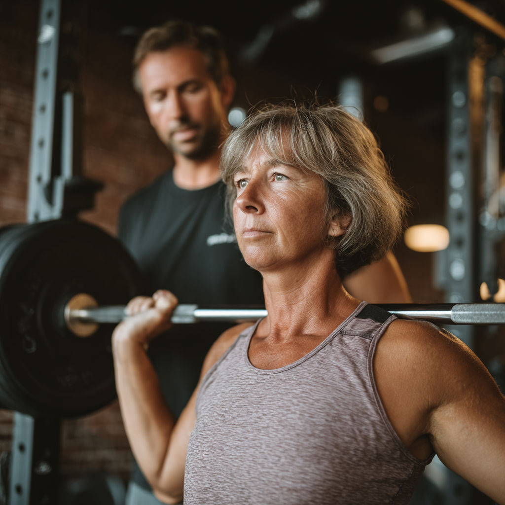 Middle-aged woman doing strength training with professional guidance